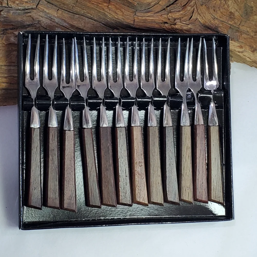 Vintage Japan Stainless & Wood Cocktail Forks Mini NIB hors d'oeuvre Set of 12